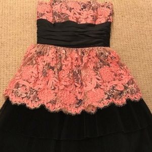 Vintage Betsey Johnson Strapless PINK Lace Black Ruffle Cocktail party Dress SZ4